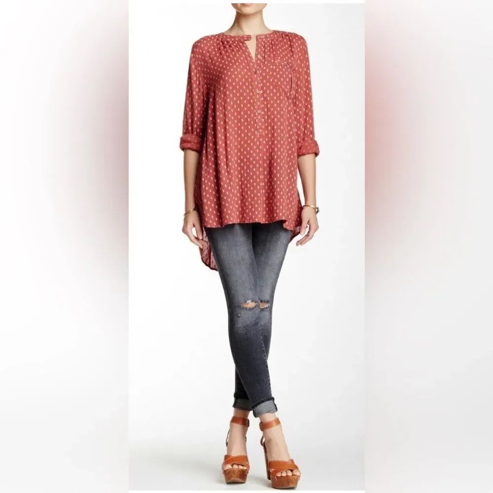 Free People print boyfriend blouse in Relaxed Rust Polka Dot High-Low tunic